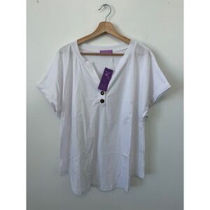 MOSHU Women's Short Sleeve V-Neck Top with Buttons – White – Size 2XL – NWT